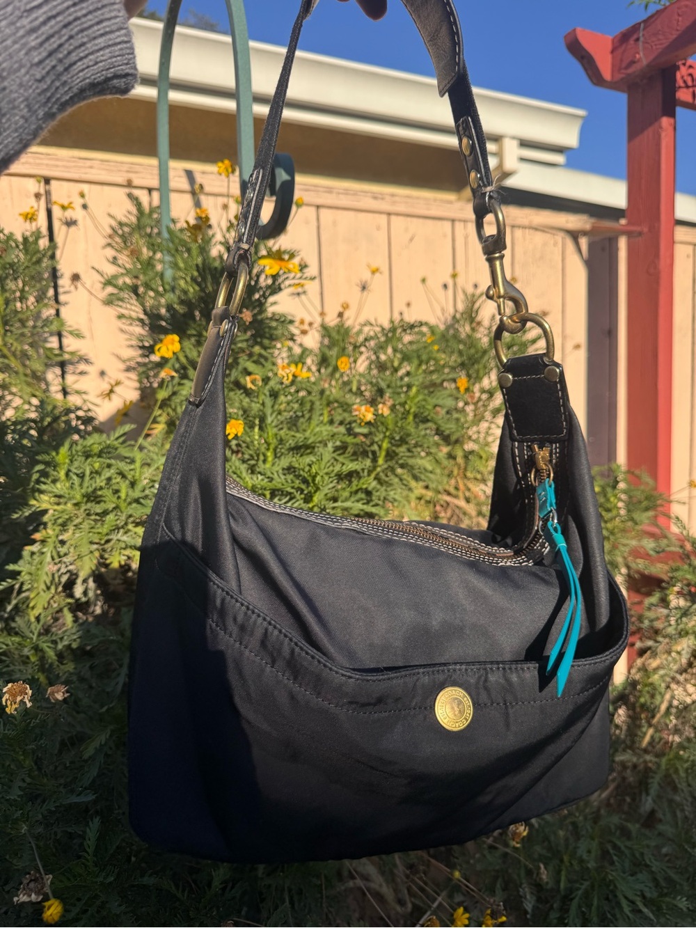 Black Shoulder Bag with Teal Accent - Women's Everyday Hobo